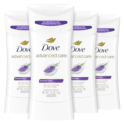 Dove Advanced Care Antiperspirant Deodorant Stick Lavender Fresh 4 ct for helping your skin barrier repair72 hr odor control and sweat protection for soft underarms with boosted ceramide levels 2.6 oz