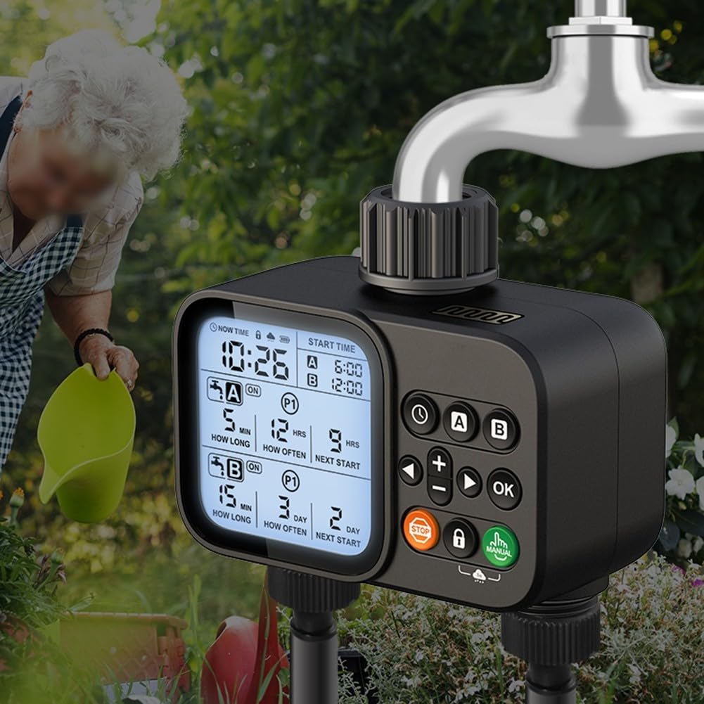 Per timer di irrigazione per prato Programmatore rubinetto esterno doppia uscita regolatore di irrigazione automatico 2 per zona timer tubo da giardino con sostituzione manuale