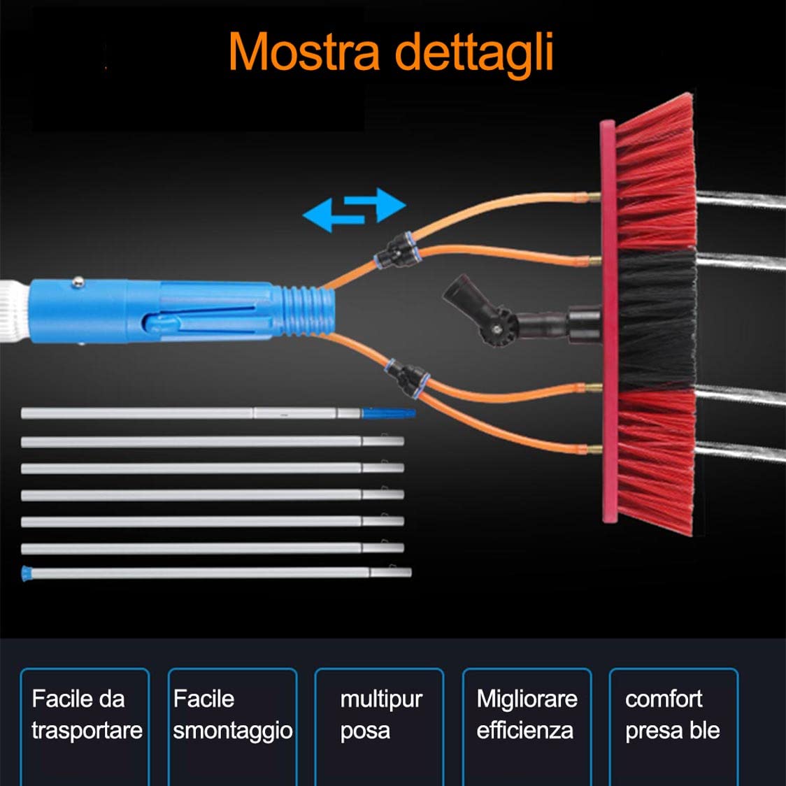 15m Strumento per la pulizia del pannello solare, asta di pulizia con spazzola, telescopica, lavaggio a spruzzo d'acqua, kit spazzola prolungata per pannelli solari fotovoltaici, tetti serre