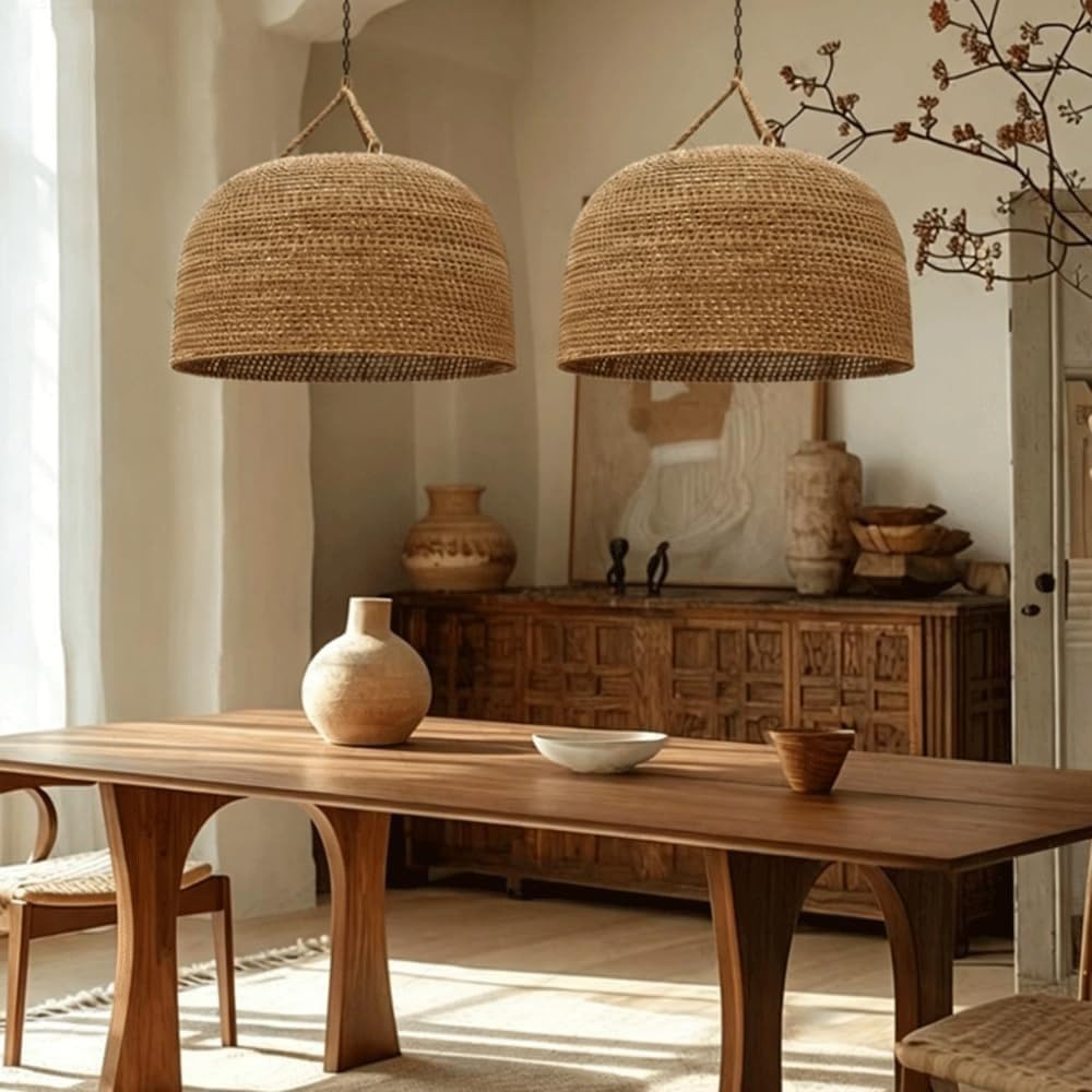 XQIDIANAA Boho Hemp Rope Pendant Light, Hand Woven Hanging Lamp for Kitchen Island,Hand Woven Hemp Rope Shade with Adjustable Cord Creates Warm Lighting for Kitchen Islands Dining Rooms & Entryways