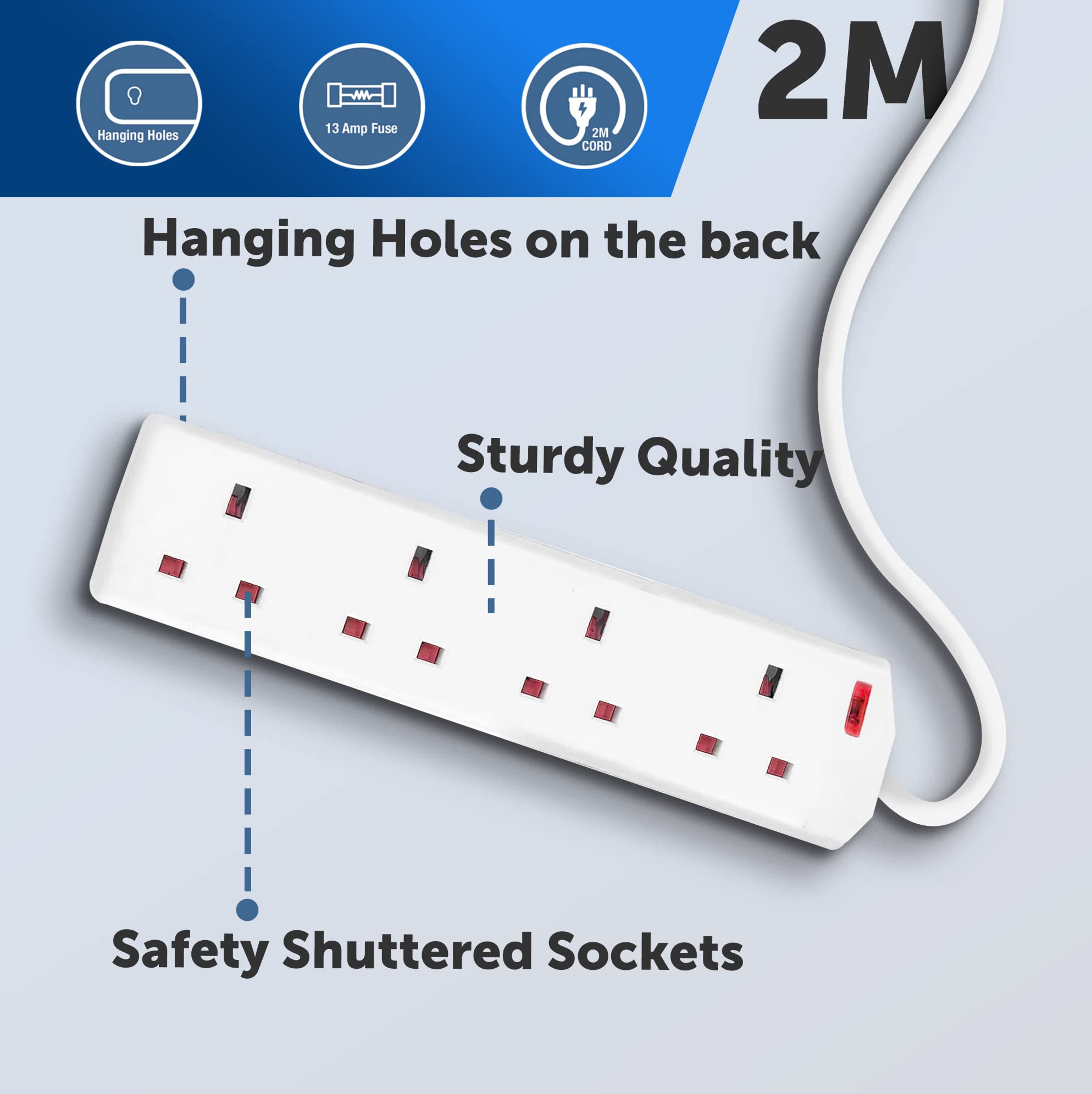 Extension Lead UK Pin Plug and Cable, 4 Gang Way 2m Power Adapter