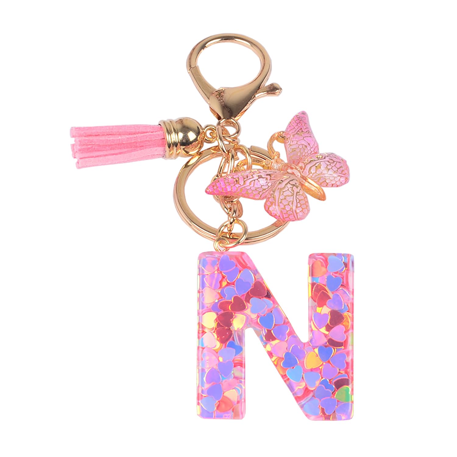 YPYMOD Butterfly Pendant Keychain with Initial N, Pink Tassel, Rosa-n, Unisex, 1 Count
