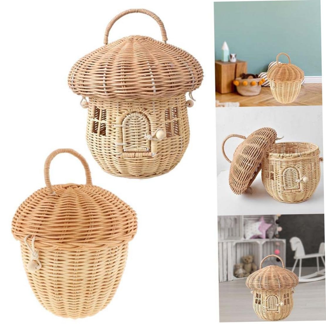 Cesta de almacenamiento tejida de ratán decorativa con forma de hongo de gran capacidad con tapa y asa, elegante cesta de mimbre para estante, despensa, cocina, baño, organizador del hogar