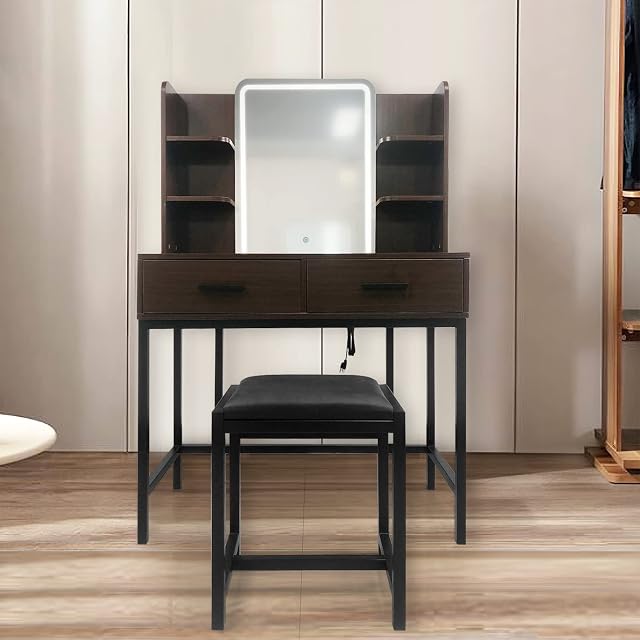 JIFULI Vanity Desk with Mirror and Lights, Makeup Vanity with Lights and Power Strip, Vanity Mirror with Lights Desk and Chair, 3 Lighting Colors, Black