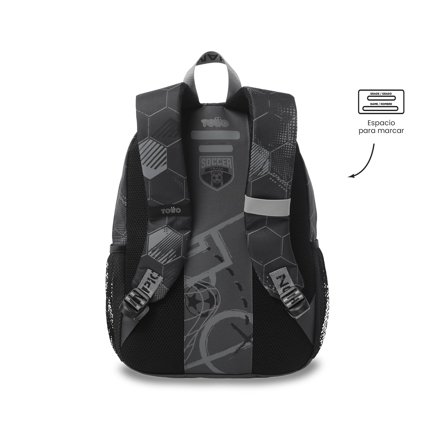 TOTTO - Mochila Escolar, Modelo Champion M, Mochila Mediana, Capacidad 18 L, Compartimento Delantero, Bolsillos Botella, Organizador Interno, Correas Acolchadas, Resistente y Duradera, Estampado Negro