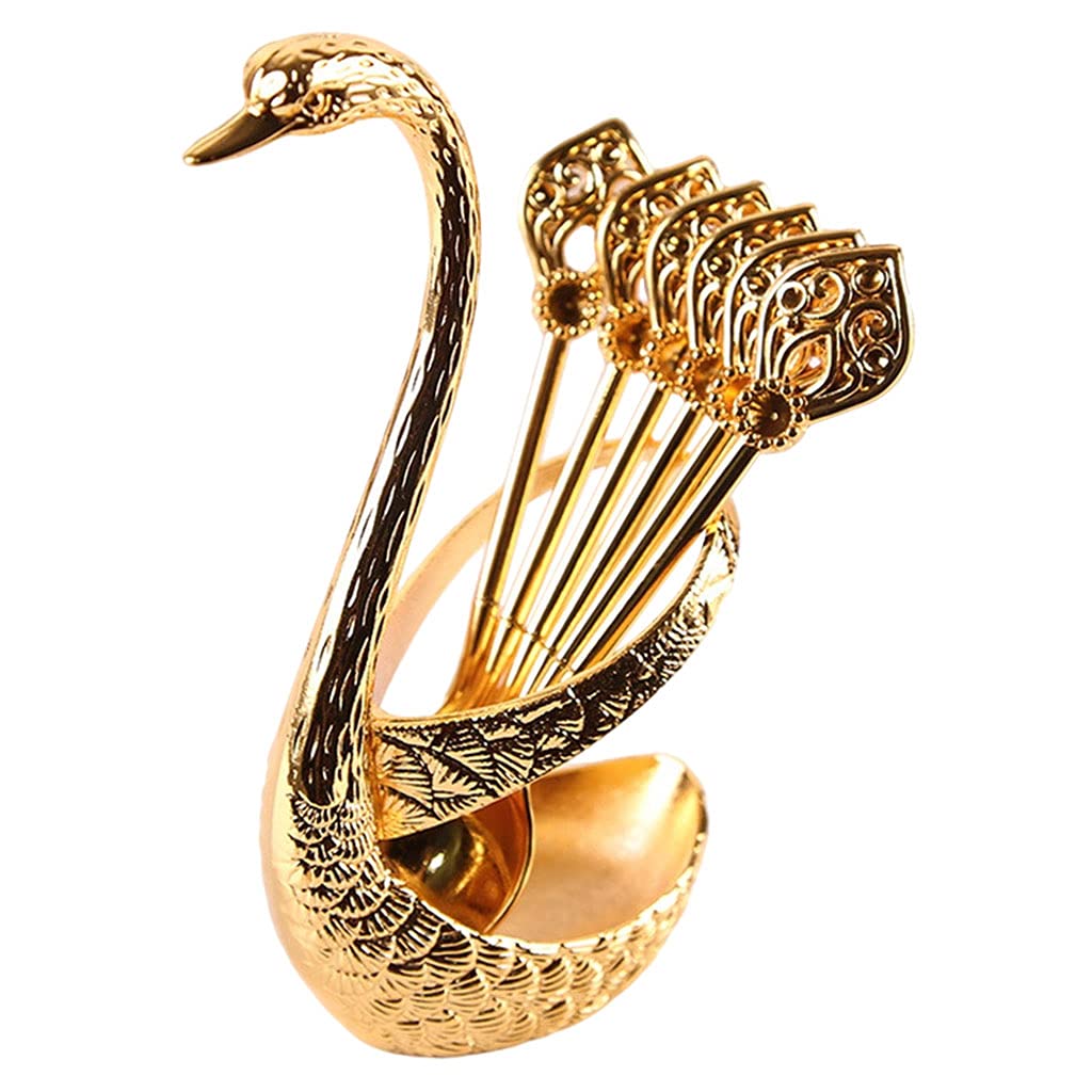 Gazechimp Set,Decorative Base Holder with 6pcs Spoons for Stirring Mixing Dessert Ice Coffee Teaspoon Cake Flatware, Golden