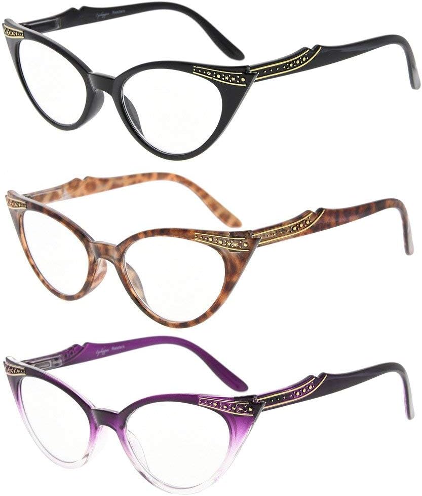 Eyekepper Womens 3 Pairs Reading Glasses Ladies' Vintage Cat Eye Readers (Black/Tortoise/Purple Transparent, +3.50)