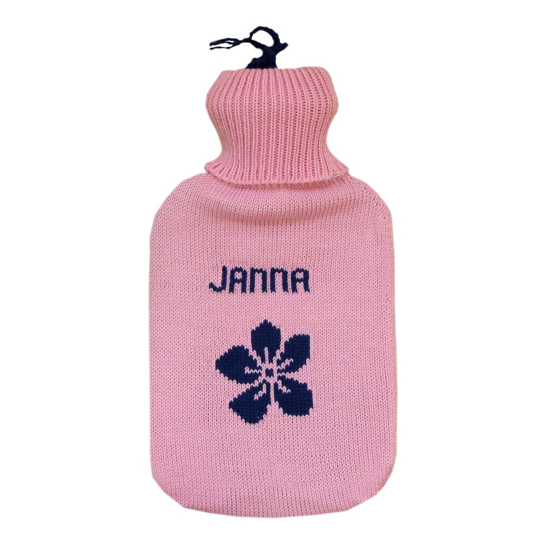 Bouillotte personnalisée 100 % laine mérinos tricotée en caoutchouc (rose/bleu avec fleur)