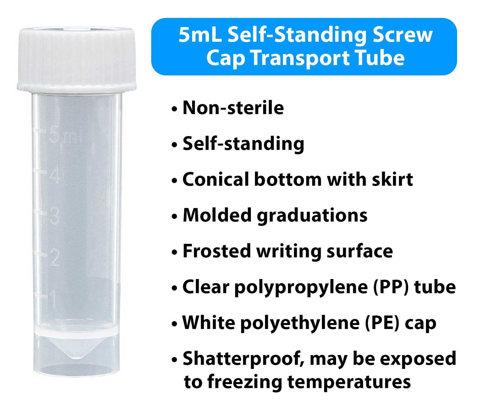 Globe Scientific 6101C Polypropylene Molded Graduations Conical Bottom Self Standing Transport Tubes with Attached White Polyethylene Screw Cap, 5ml Capacity, Pack of 1000
