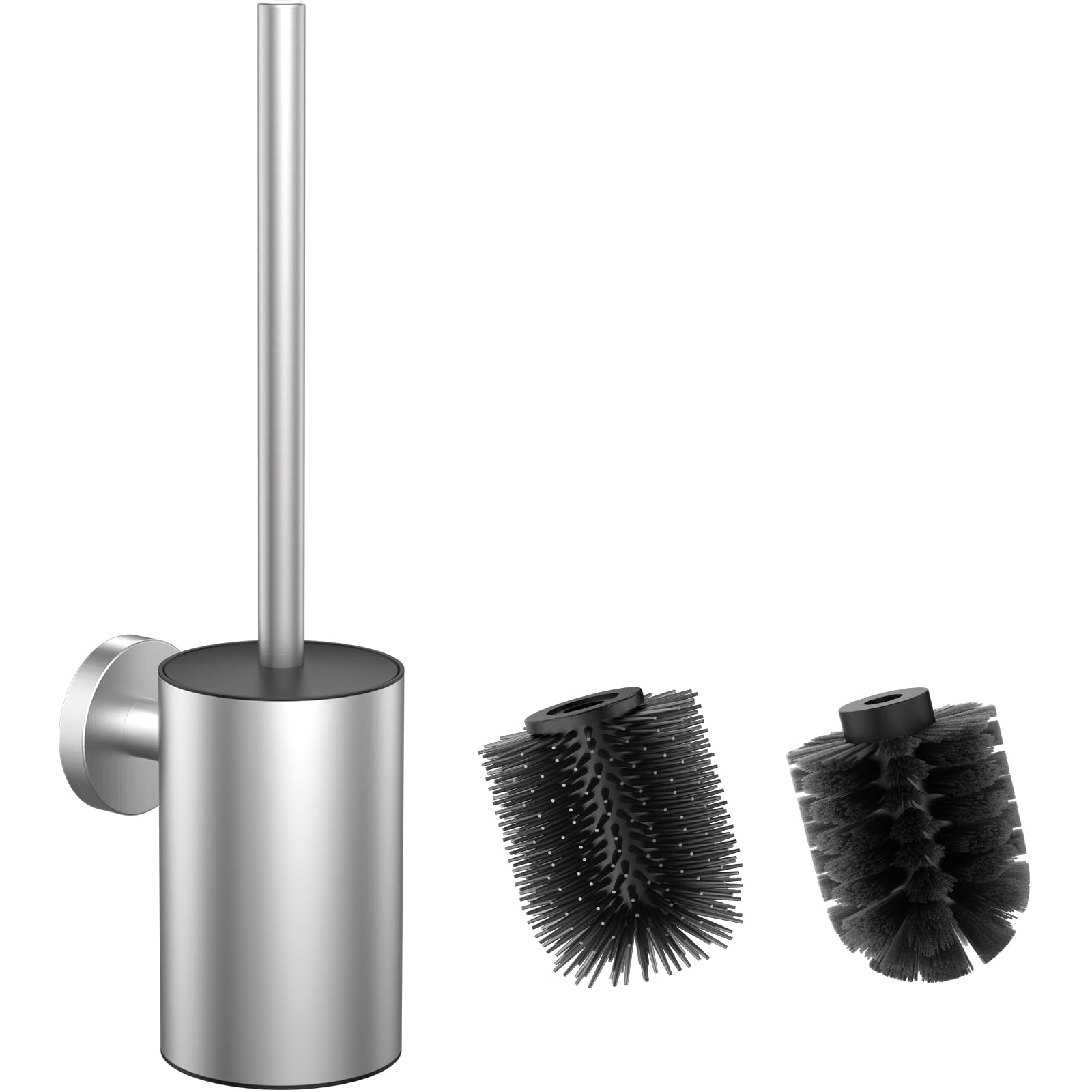 Brosse WC en acier inoxydable 304 argenté avec support et têtes de nettoyage silicone