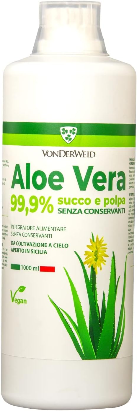 Organic Aloe Vera Juice | Aloe Vera Drink with Aloe Vera Gel from Organic Certified Aloe Vera Plant, Without Aloin | Unpasteurized and Unfiltered | Made in Italy |1 L