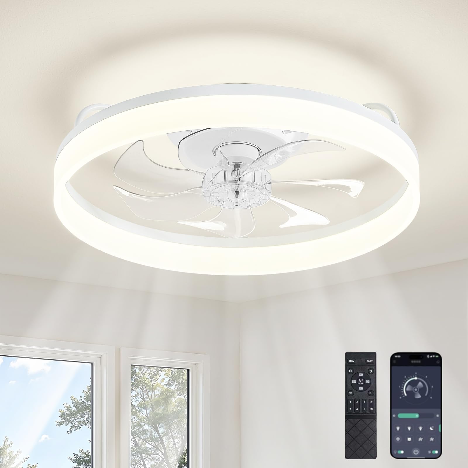 RLMIEL Reversible Quiet Ceiling Fans with Lights and Remote,50cm Flush Mount Ceiling Fan,6 Speeds and 3000K-6500K Dimmable Modern LED Fan Lights Ceiling for Bedroom Living Room - White