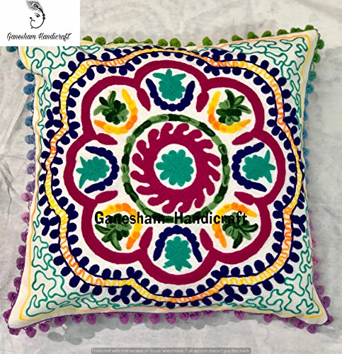 Funda de almohada de algodón con diseño indio para decoración del hogar, con motivos florales, estilo bohemio y bohemio, con lentejuelas, bordado a mano, funda de cojín de Suzani, decoración de Boho