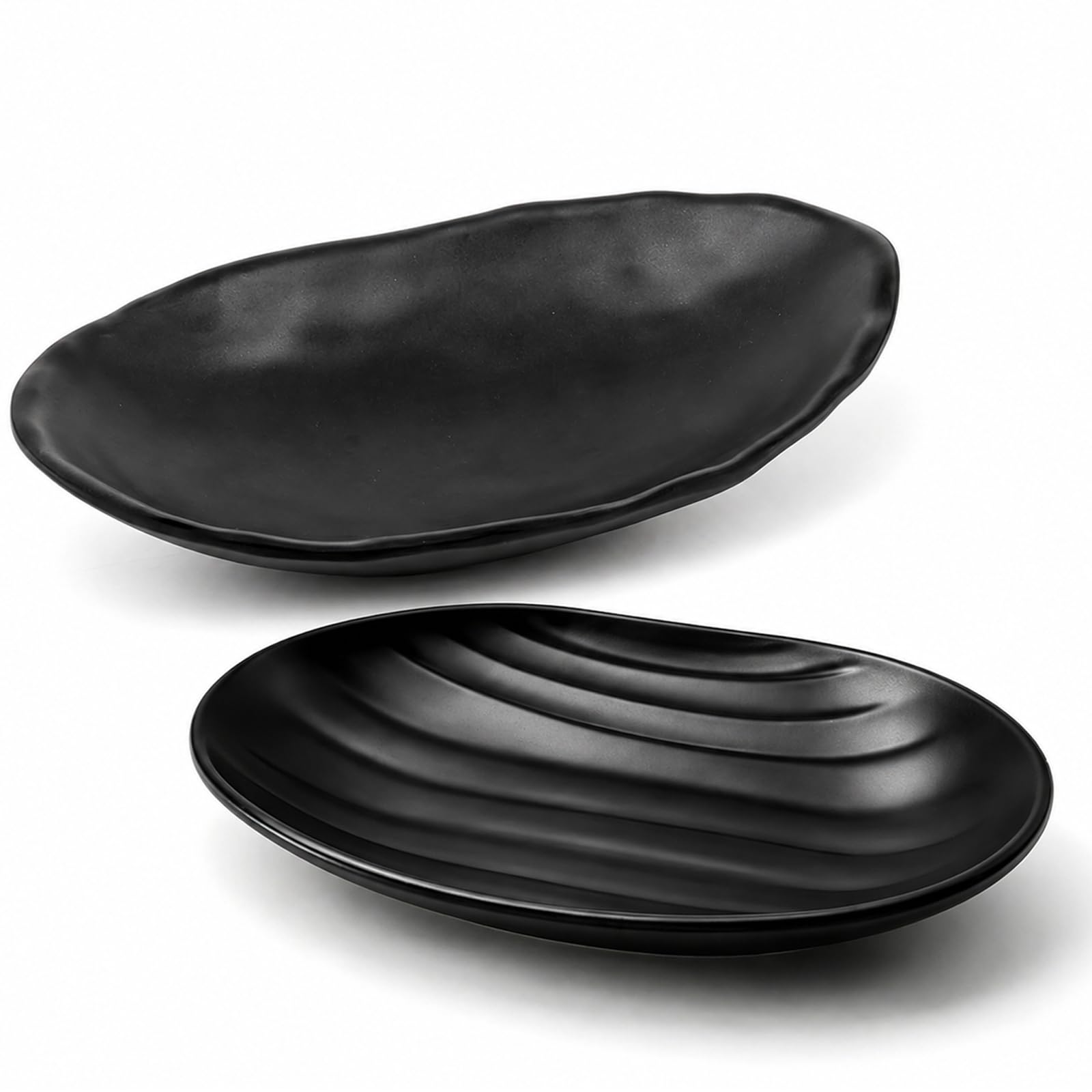 Gemejutor Matte Black Key Tray Set, 2 Oval Organizers for Entryway, Large & Small (19x12.5x4cm + 19x12.5x2cm), Minimalist Catchall for Keys, Coins & Small Items