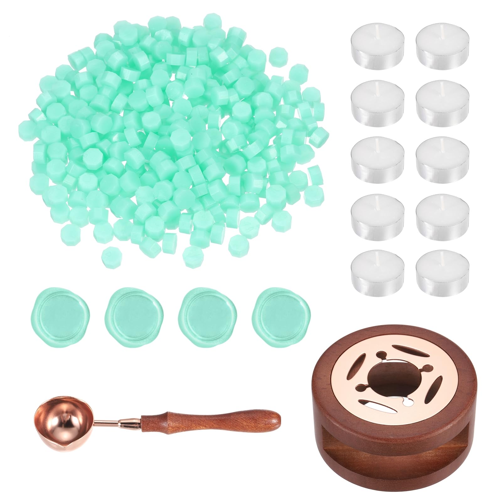 PATIKIL Wax Seal Kit, 300 Pcs Wax Sealing Beads, Wooden Warmer, Melted Spoon, 10 Pcs Tealight Candles for Envelope Letter Mailing Crafts DIY, Clear Green