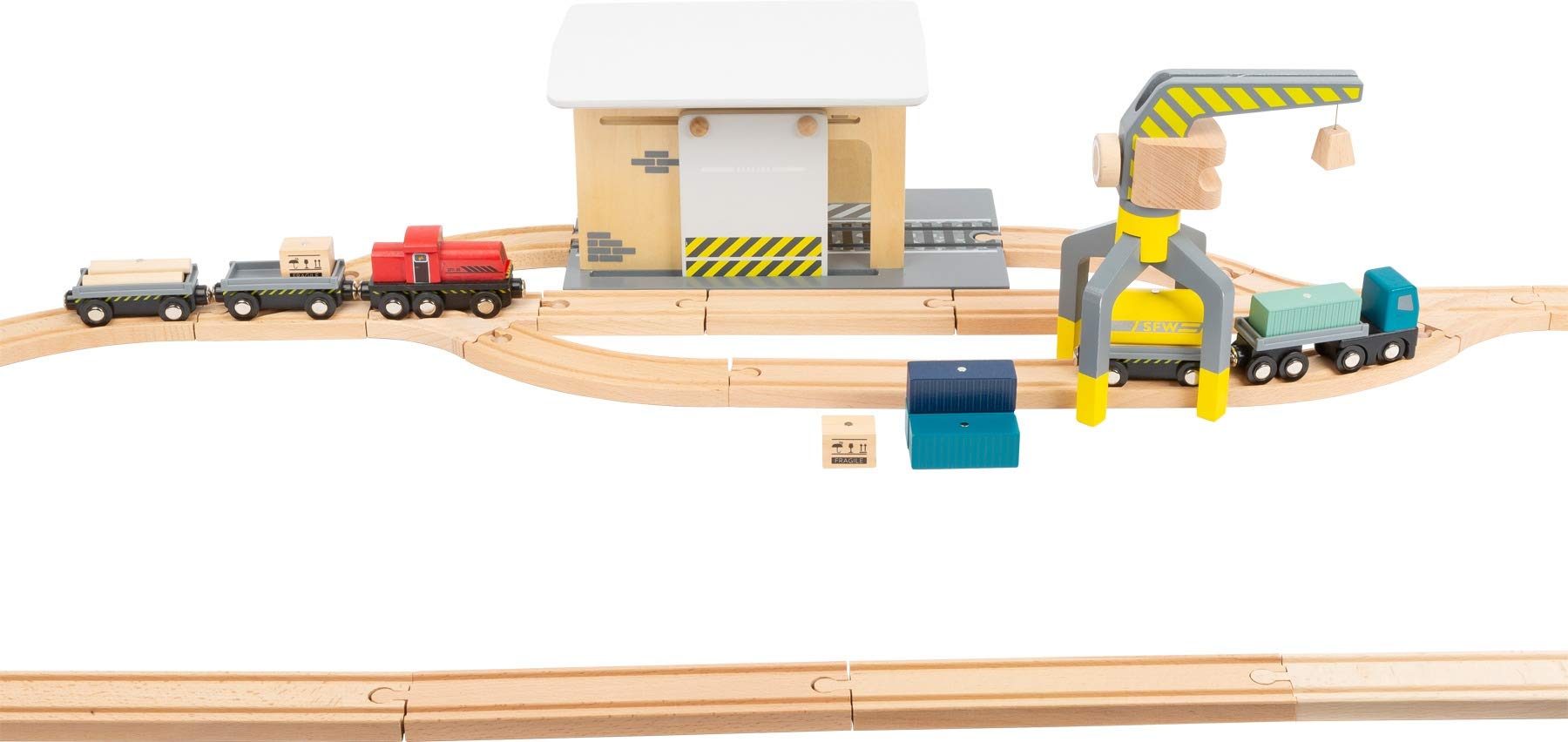 Small Foot 11377 Güterbahnhof aus Holz, mit LKW, Lok, Schiebetor, 360 Grad drehbarem Kran und Schienen, ab 3 Jahren