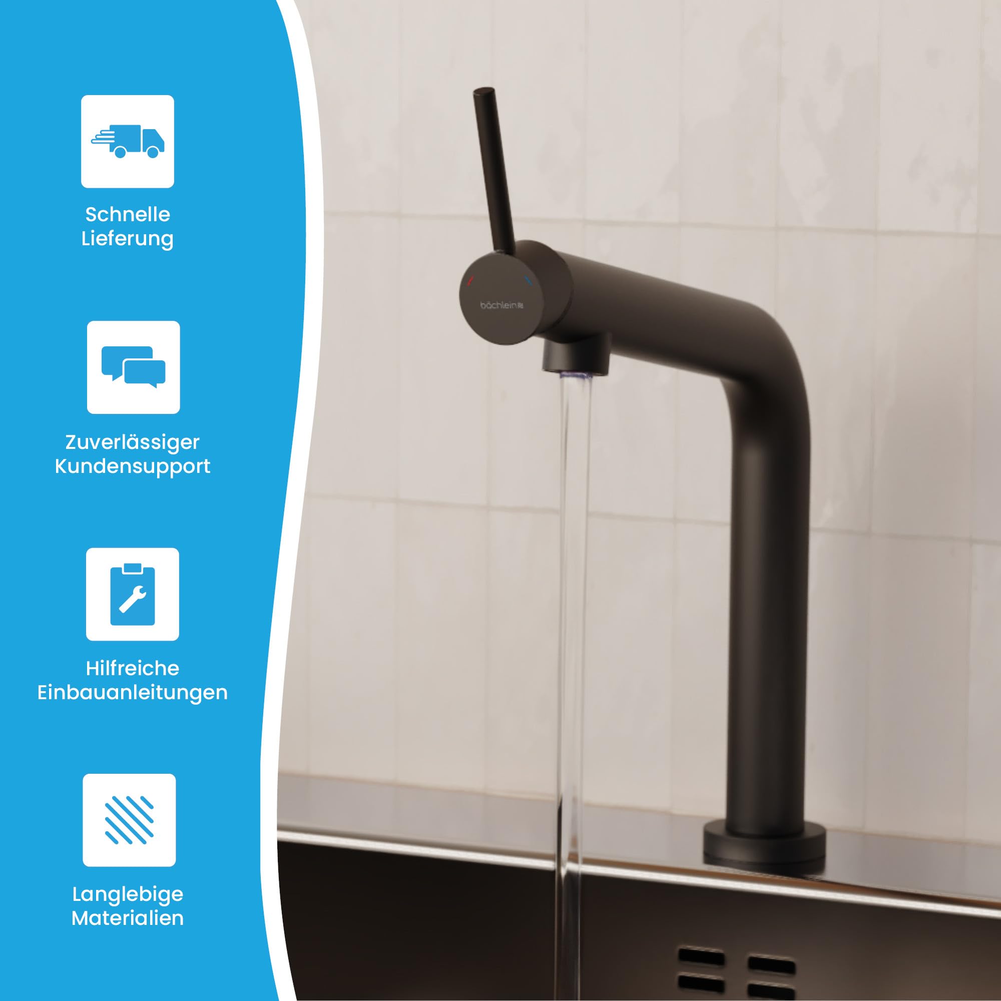Bächlein Küchenarmatur Boyano (Matt schwarz) – Schwenkbare Einhand-Spültischbatterie aus hochwertigem Messing– Wasserhahn für die Küche mit nach vorne gerichtetem Hebel