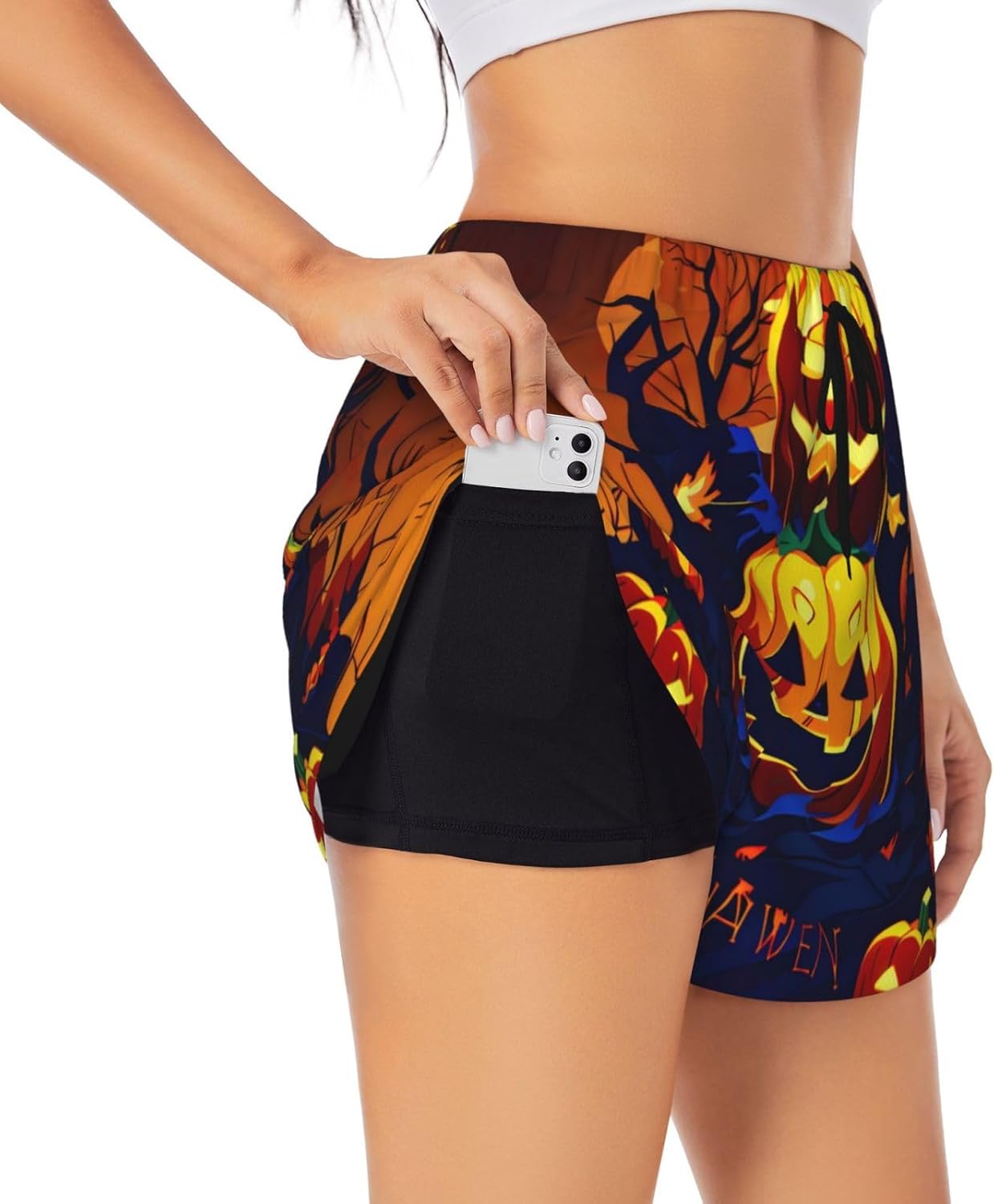 Halloween Pumpkin Print Women's Athletic Shorts,for Running,Yoga and Gym,Stylish Workout Shorts with Pockets