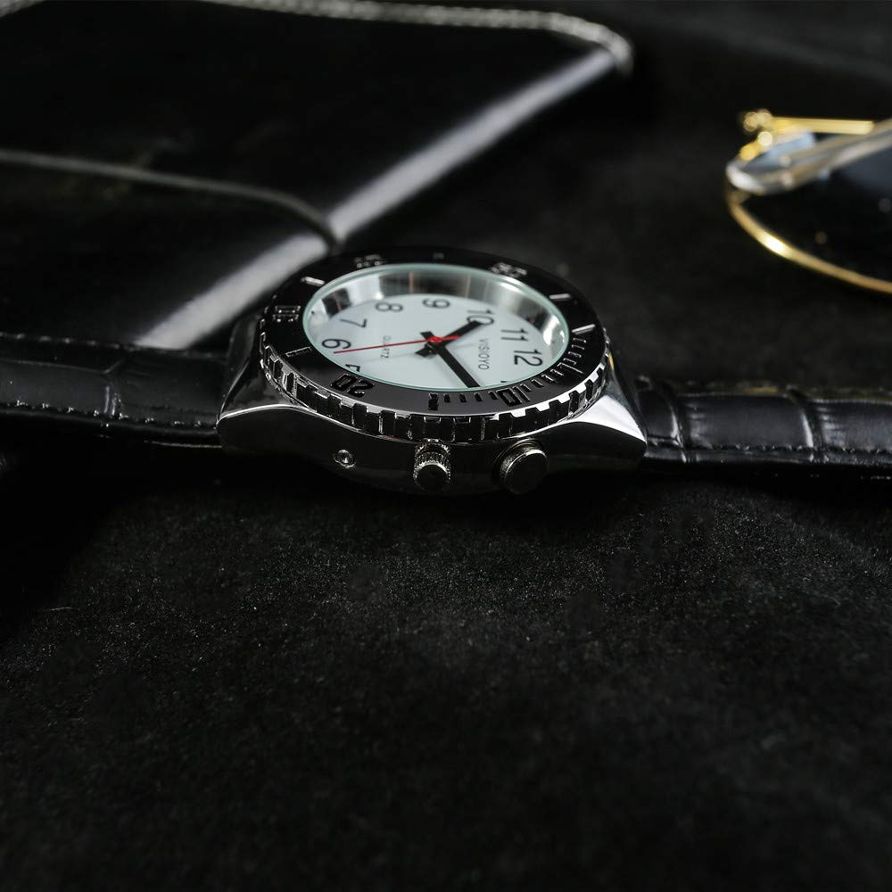 Reloj parlante analógico con alarma, anuncio de hora y fecha en francés para ciegas y personas con discapacidad visual, correa de piel negra TFBW-1601F, Clásico