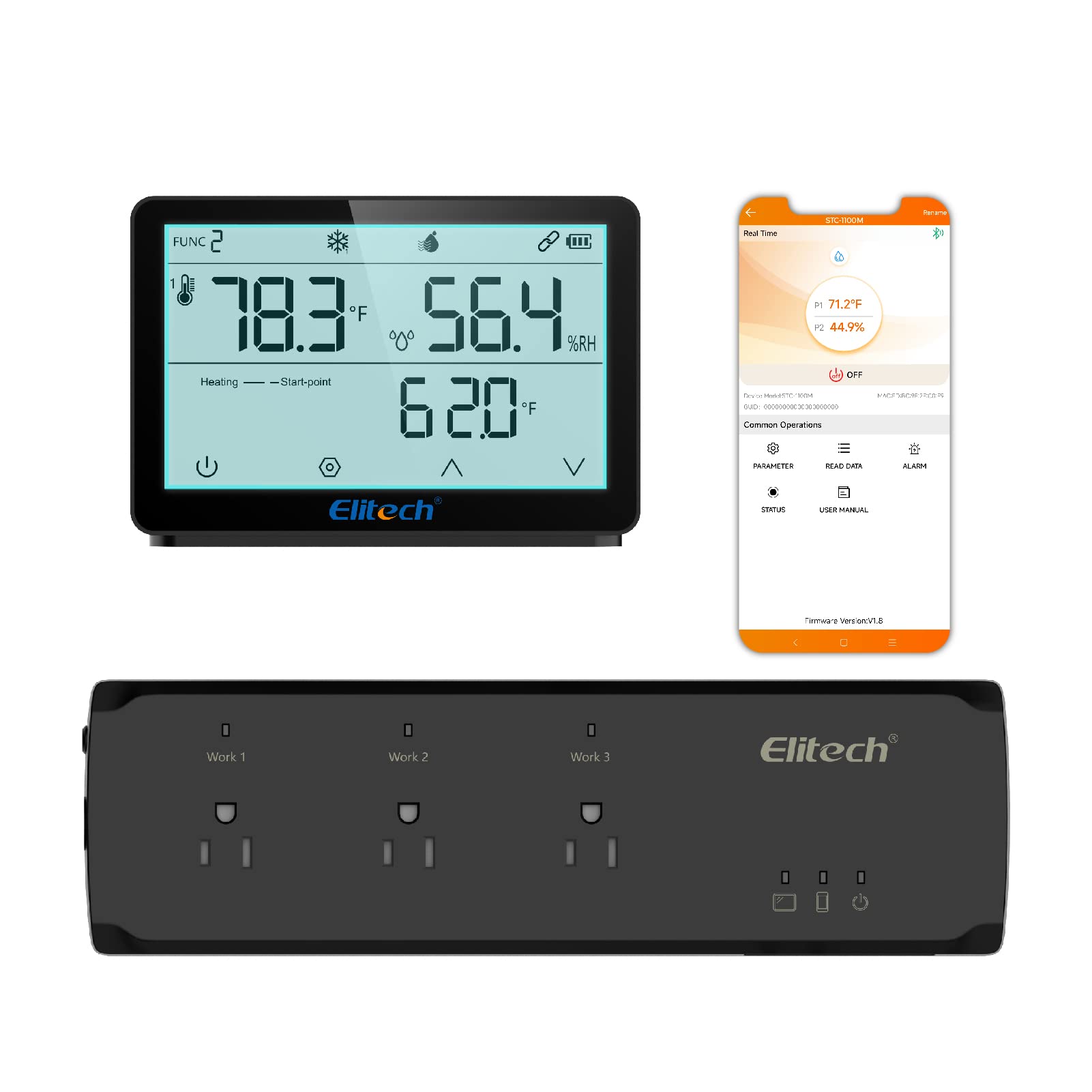 Elitech Temperature Humidity Controller Split-Style Backlight Touchscreen 3-Stage Outlet APP Control Timer Pre-Wired Thermostat for Reptile Homebrew Seed with 2 Sensors STC-1100M 110V 15A 1725W