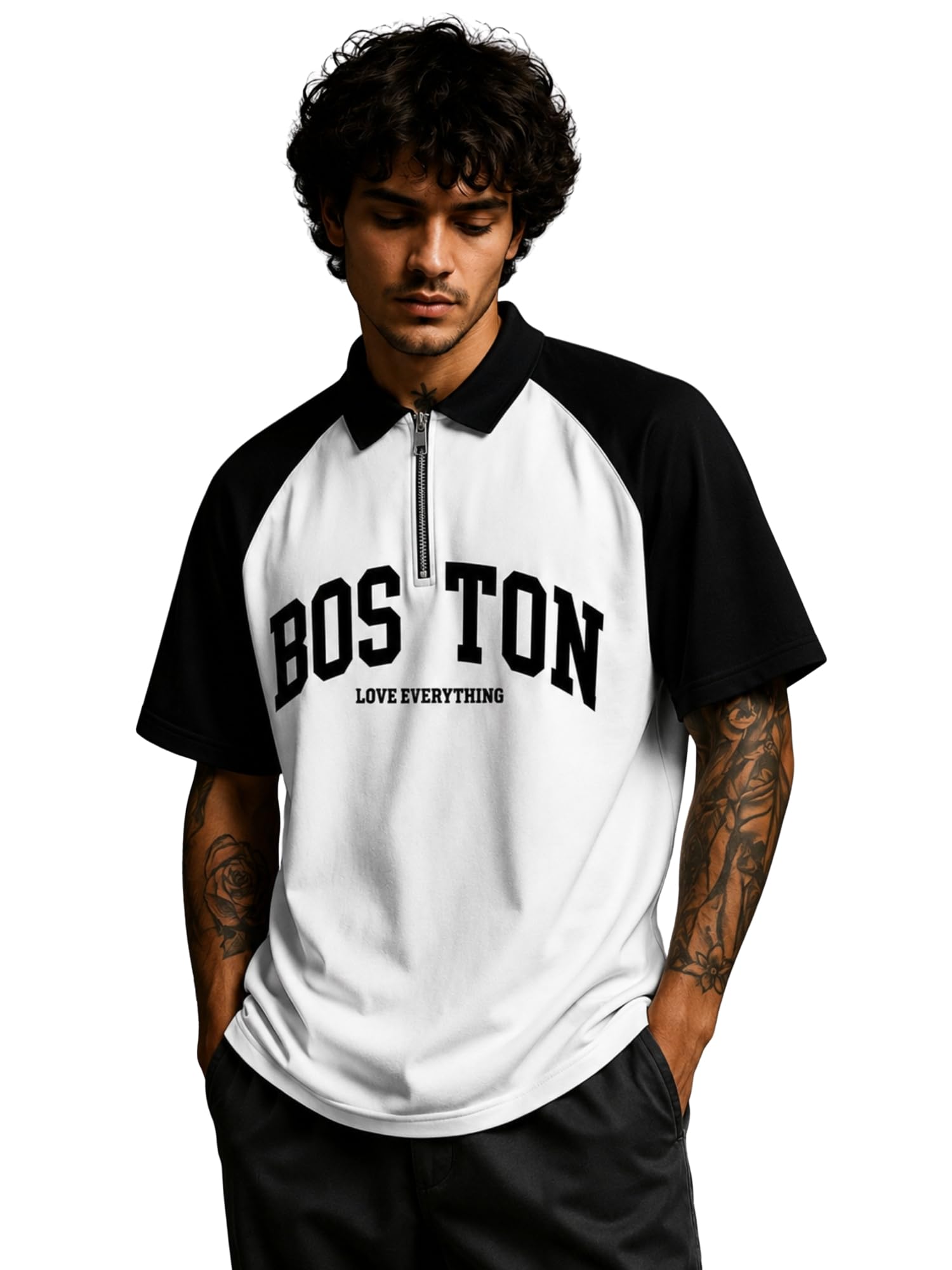 jump cuts Mens Printed Polo Neck Full Sleeve Black and Beige Cotton Blend T-Shirt-picture-35