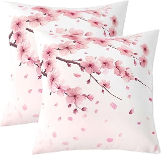 Castle Fairy Pink Cherry Blossom Pillow Covers 22x22 Inch Set of 2 Japanese Style Flowers Cushion Cases for Girls Women Adults Spring Natural Botanical Floral Cushion Covers for Housewarming