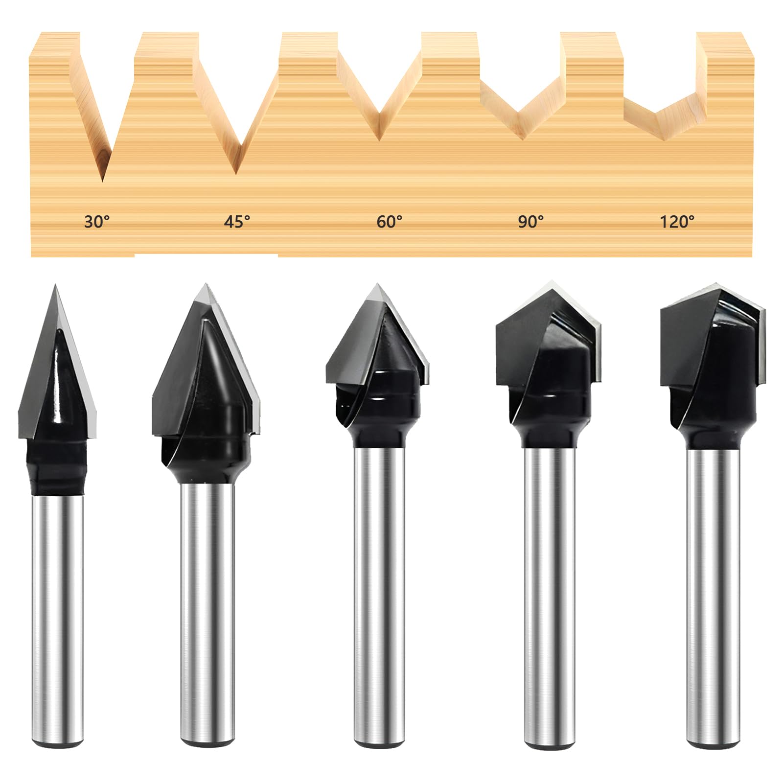 SICWOOD 5-Piece CNC V-Groove Router Bits Set 1/4 Inch Shank, 30° 45° 60° 90° 120° 2-Flute Carbide-Tipped Grooving Bits, for Woodworking, Engraving, Carving