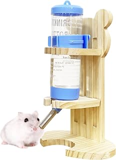 Hamster Wood Water Bottle with Stand Adjustable Height Small Animals Water Bottle Holder for Hamsters Mice Gerbils Guinea Pigs Rats (M:4.72 x 3.14 x 7.48in)