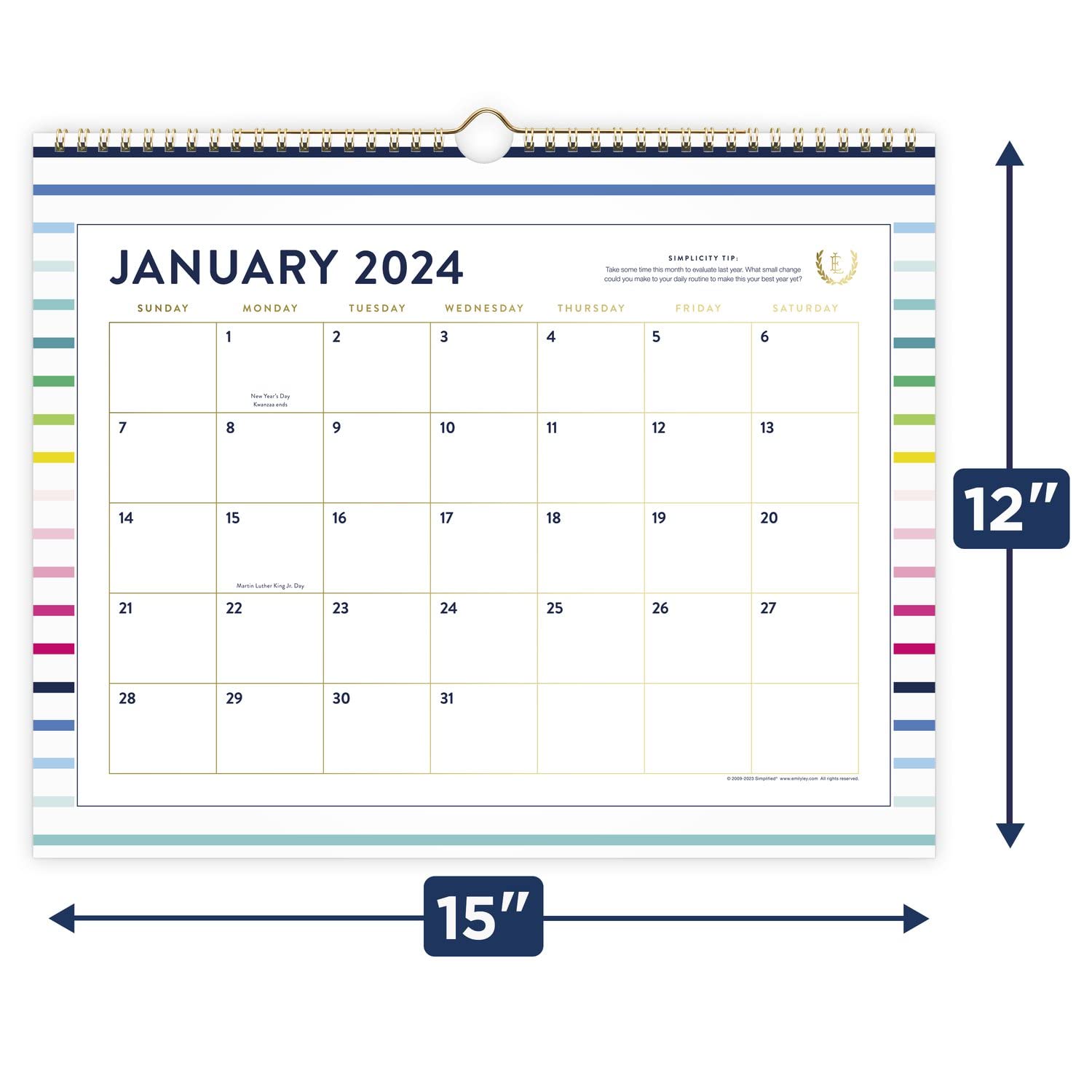 Calendario de pared 2024 simplificado por Emily Ley para AT-A-GLANCE, mensual, 15 x 12 pulgadas, mediano, Happy Stripe (EL16-707-24)