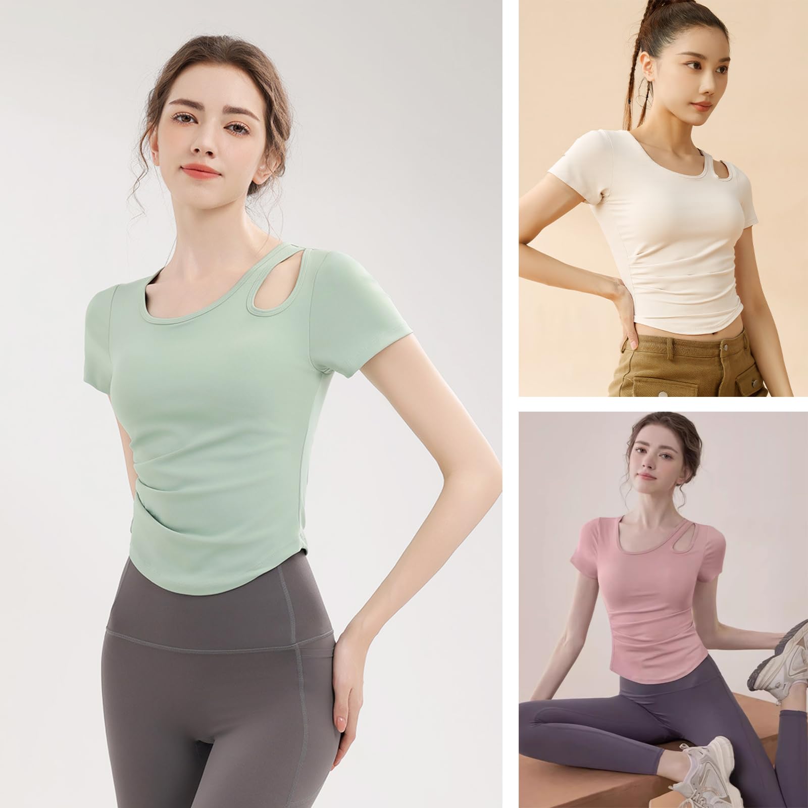 [Zleufirty] ヨガウェア 半袖 tシャツ カップ付き トップス スリムフィット レディース アシンメトリーカッティング 吸汗速乾 ショート丈 ストレッチ バレエ テニス フィットネス 運動用