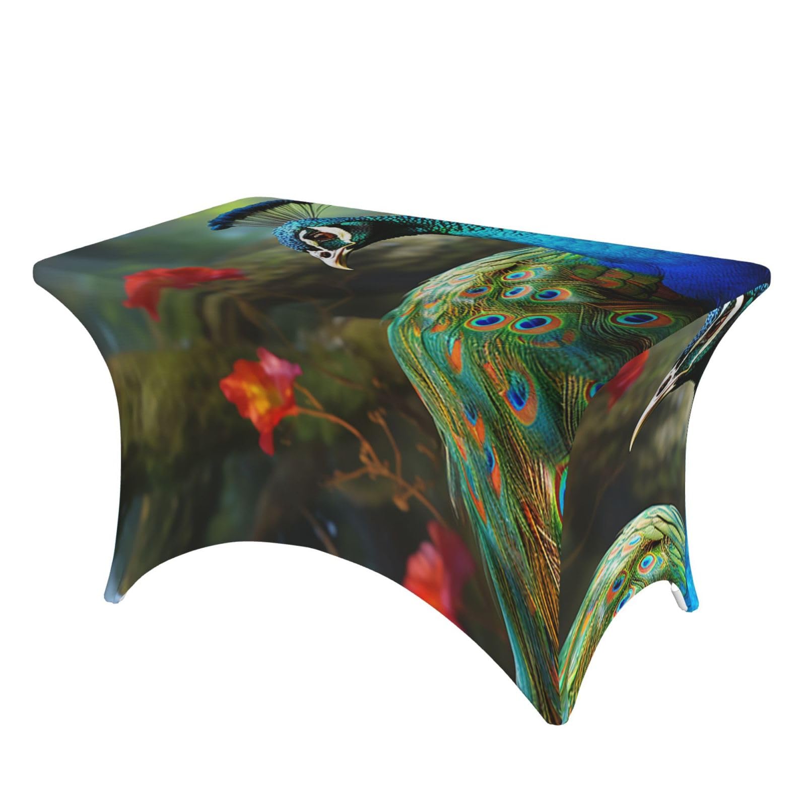 LKTPSKQRY 4ft Spandex Table Cloth For Rectangle Tables, Wrinkle Resistant Stretch Tablecloths Protector Colorful Peacock Washable Patio Table Cover For Wedding, Party, Banquet, Picnic