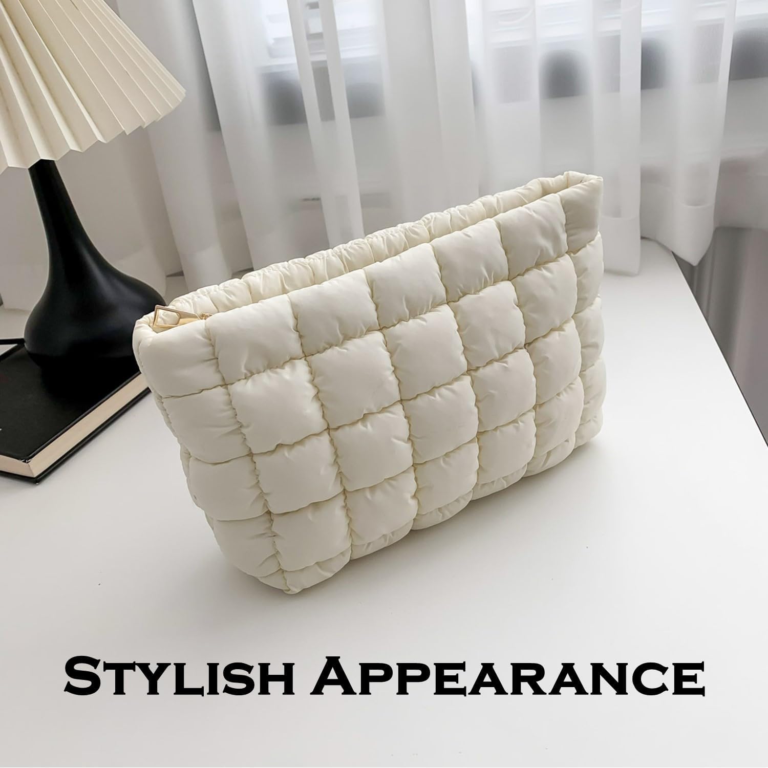 HFLZBRO Puffy Quilted Makeup Bag, Travel Cosmetic Bag for Women Toiletry Organizer Pouch, Clutch, White - Image 3