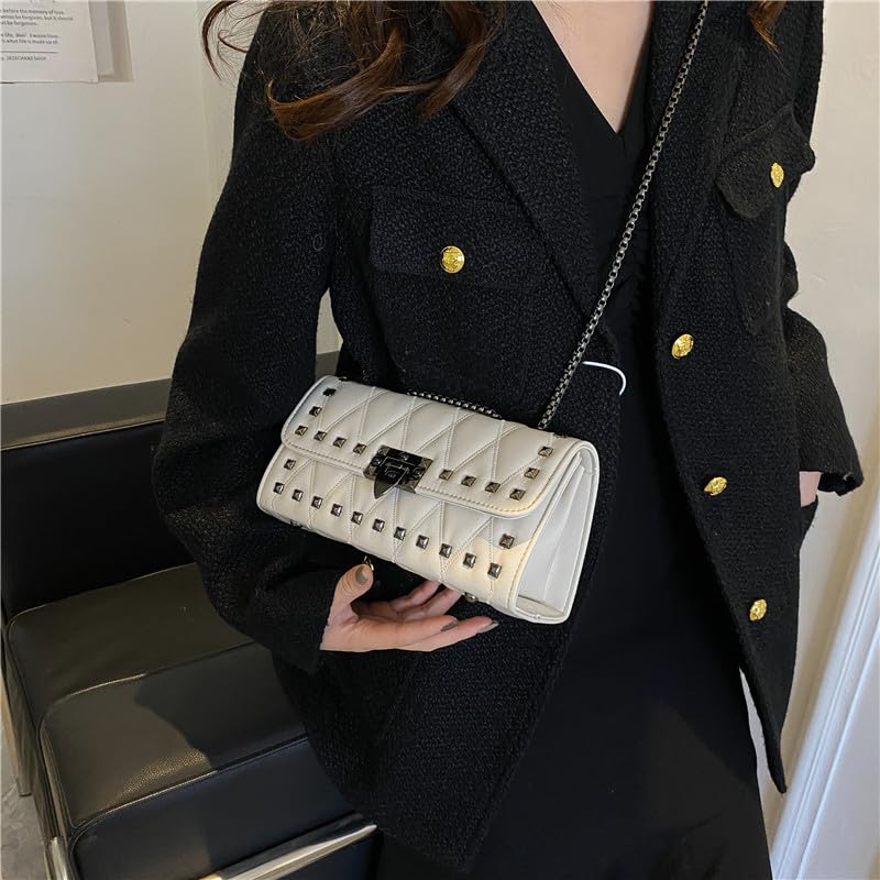 Women's Quilted Shoulder Bag Rivets Decor Medium Flap Leather Crossbody Handbag Chain Strap Stylish Clutch Purse2