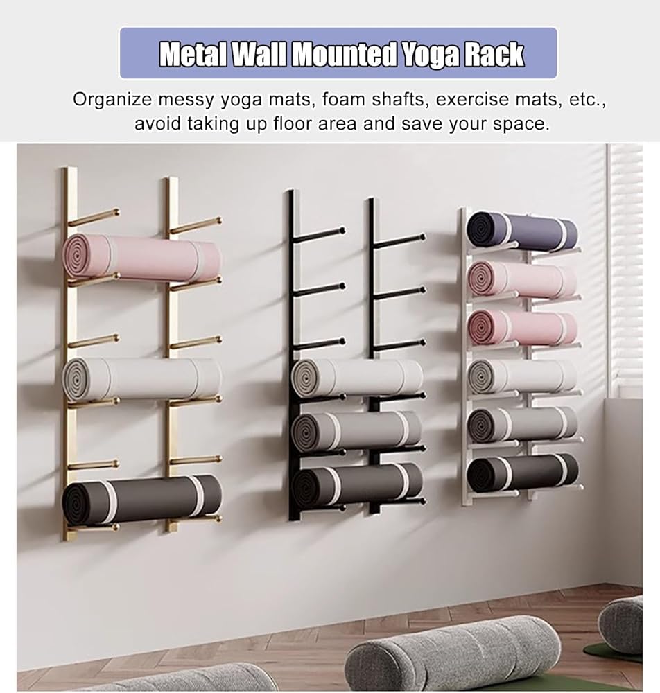 Estante de almacenamiento de pared para esterilla de yoga, organizador de pared para accesorios de fitness en el hogar, ideal para correas de yoga, alfombrillas de pilates y rodillos de espuma