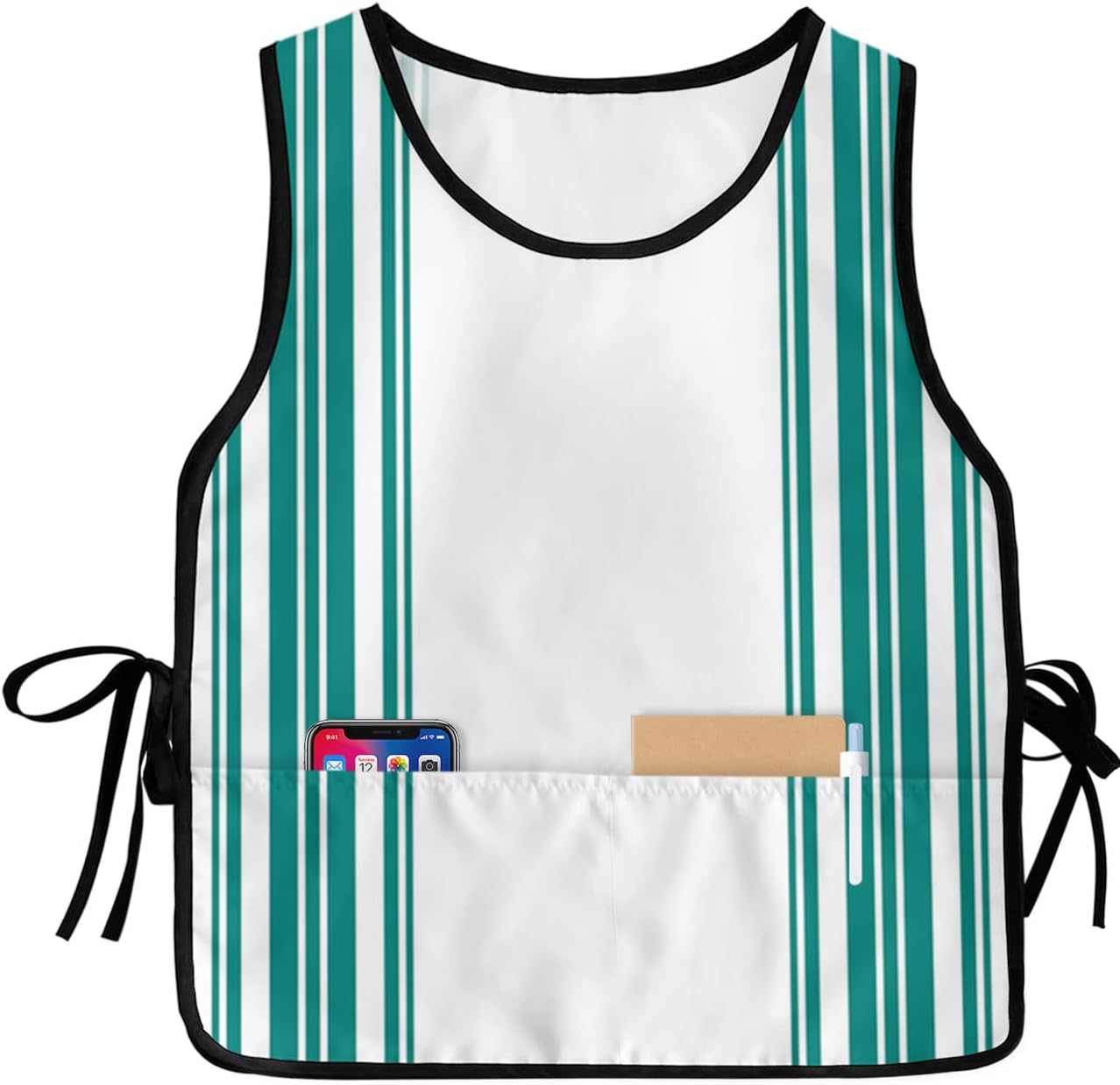 Turquoise Stripes Cobbler Aprons with 2 Pockets for Women Men, Bohemian Abstract Striped White