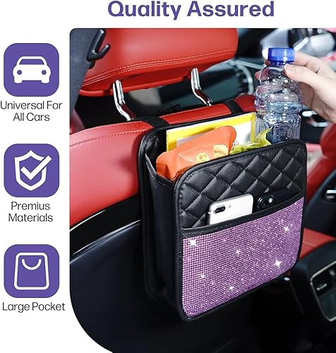 Miniatura 5 de Bling Diamond Car Seat Back Organizer, PU Leather Vehicle Backseat Hanging Storage Pocket, Multipurpose Auto Essentials Accessories Universal for