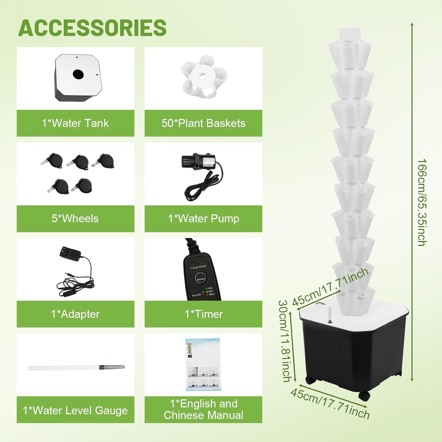 10 Layer Hydroponic Towers Growing System, 50 Pods Hydroponic Grow Towers Kit with Water Pump and Movable 11.89Gal Water Tank, Indoor/Outdoor for Vegetable, Strawberries, Lettuce (White)