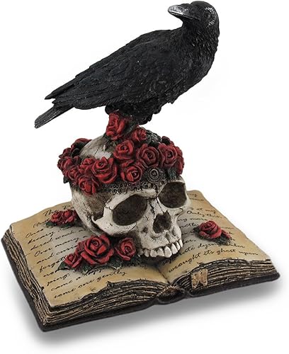 Miniatura 1 de Zeckos Estatua de resina pintada a mano de cuervo místico sobre un cráneo cubierto de rosas, encaramado sobre el libro de poesía de 'The Raven', una
