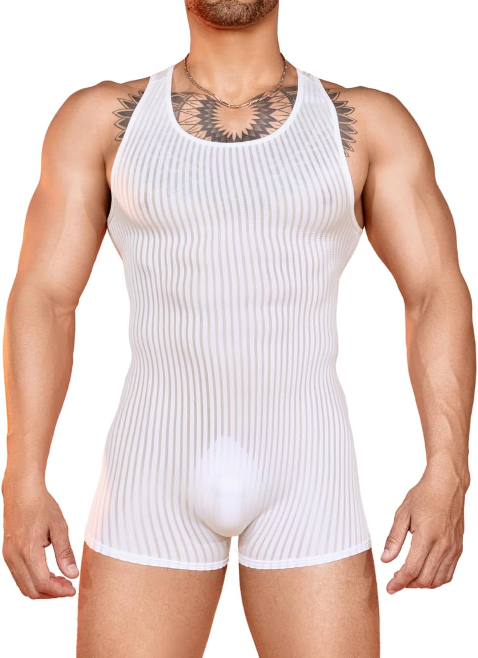 EHSUYAB Men's Sexy Shapewear, Ribbed Sheer Mesh Lingerie Bodysuit, Sissy Clothes Gay Club, Tank Top Muscle Suit Rave Outfits