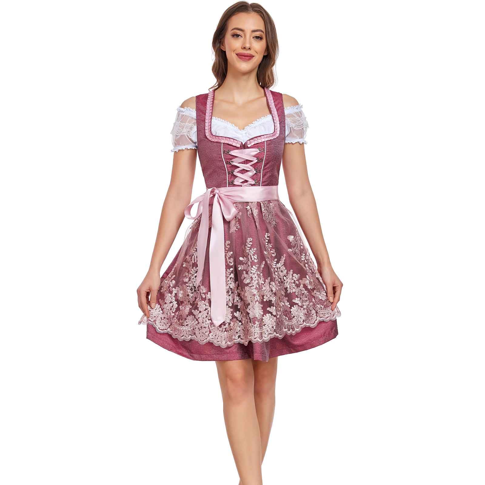 Jecarden Dirndl Damen Midi Dirndl für Damen Weinrot Trachtenkleid mit Dirndlbluse Trachtenmode Trachtenrock Kleid 3 Teilig für Oktoberfest Besondere Anlässe (34-50)
