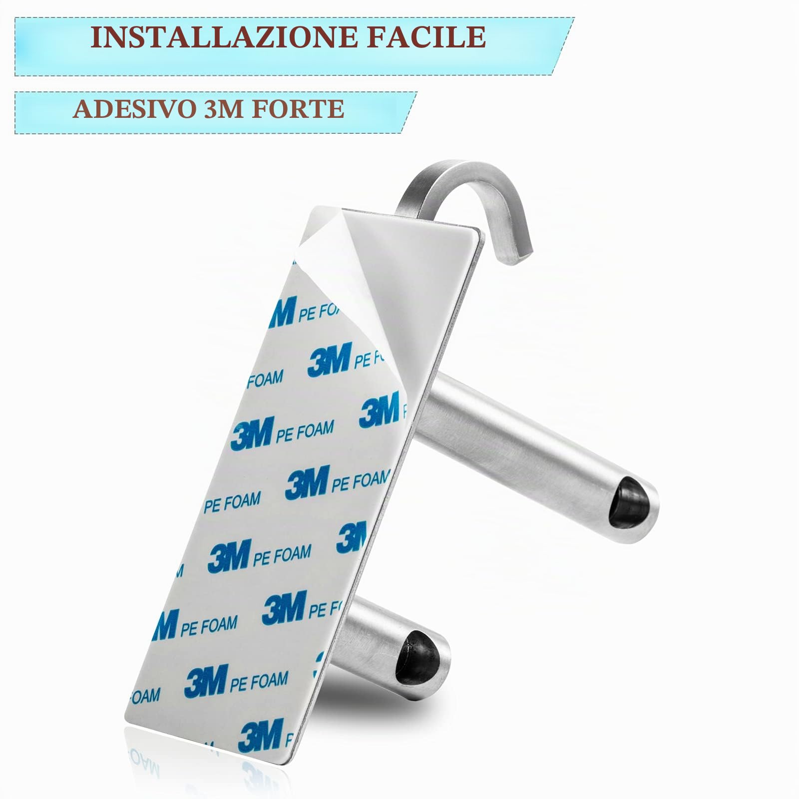 JS Portasciugamani senza foratura, in acciaio inox, autoadesivo, doppio con 2 ganci per asciugamani, montaggio a parete, bagno, cucina