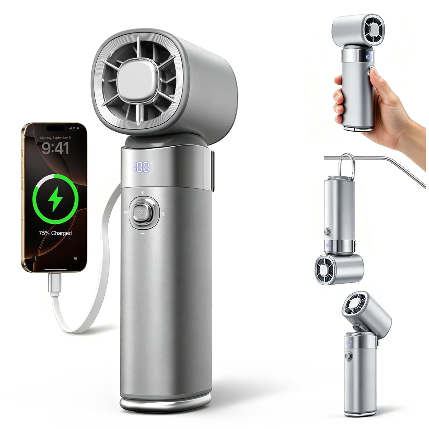 yAyusi Ventilatore Portatile Ricaricabile,Potente Ventilatore Multifunzione da 10000mAh con Funzione di Raffreddamento a Ghiaccio,Ventilatore Turbo 100Livelli di Velocità Regolabili per Viaggi