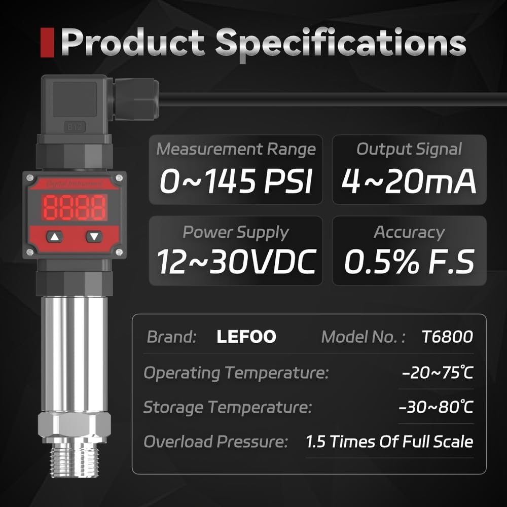 LEFOO Digital Pressure Transmitter 4-20mA Pressure Sensor Transducer with LCD Digital Display (Power Supply: 12-30VDC, Pressure Range: 0-145PSI)