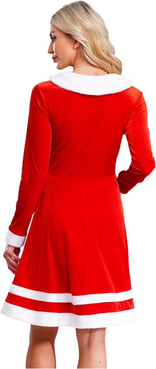 Womens Mrs Claus Costume Christmas Santa Dress Adult Long Sleeve for Xmas Party