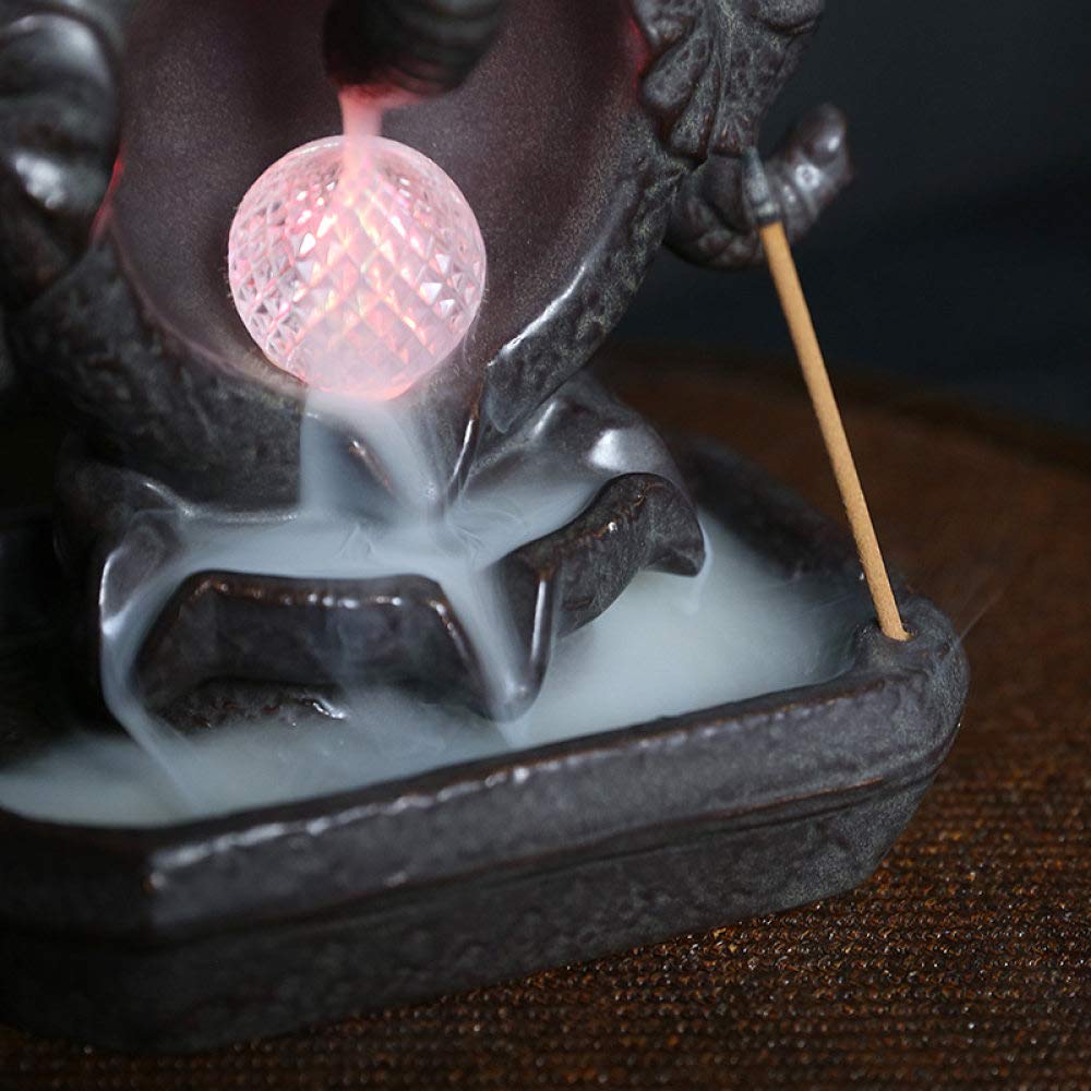 New Lucky Feng Shui Elefant Gott Statue Home Decoration Handwerk Keramik Wasserfall Weihrauchbrenner mit LED Farbwechsel Ball, XL2022 und 20 Weihrauch