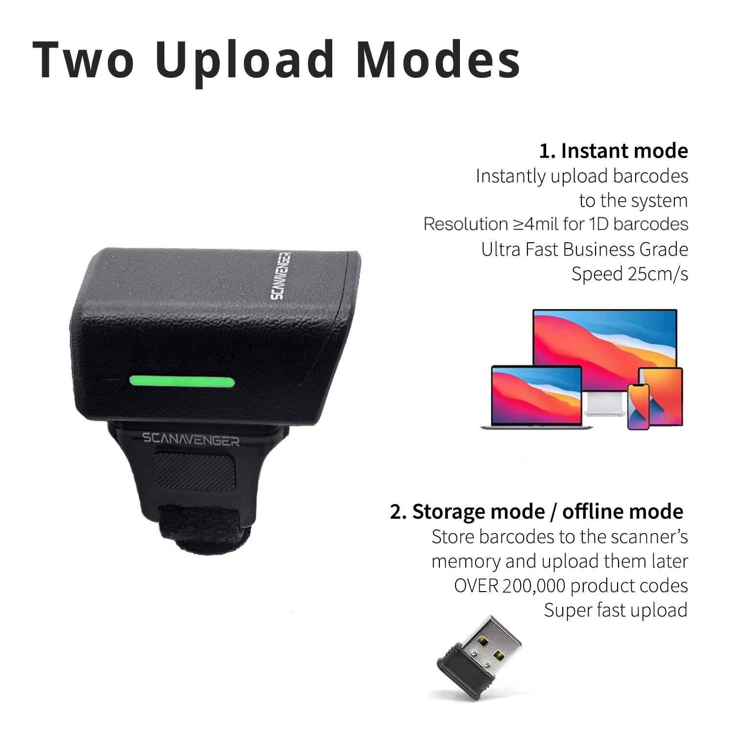 ScanAvenger Escáner de código de barras Bluetooth 1D 2D QR Ring - Mini lector de dedos inalámbrico portátil, USB y 2.4GHz, compatible con iOS, Android, Windows, para almacén, tienda e inventario