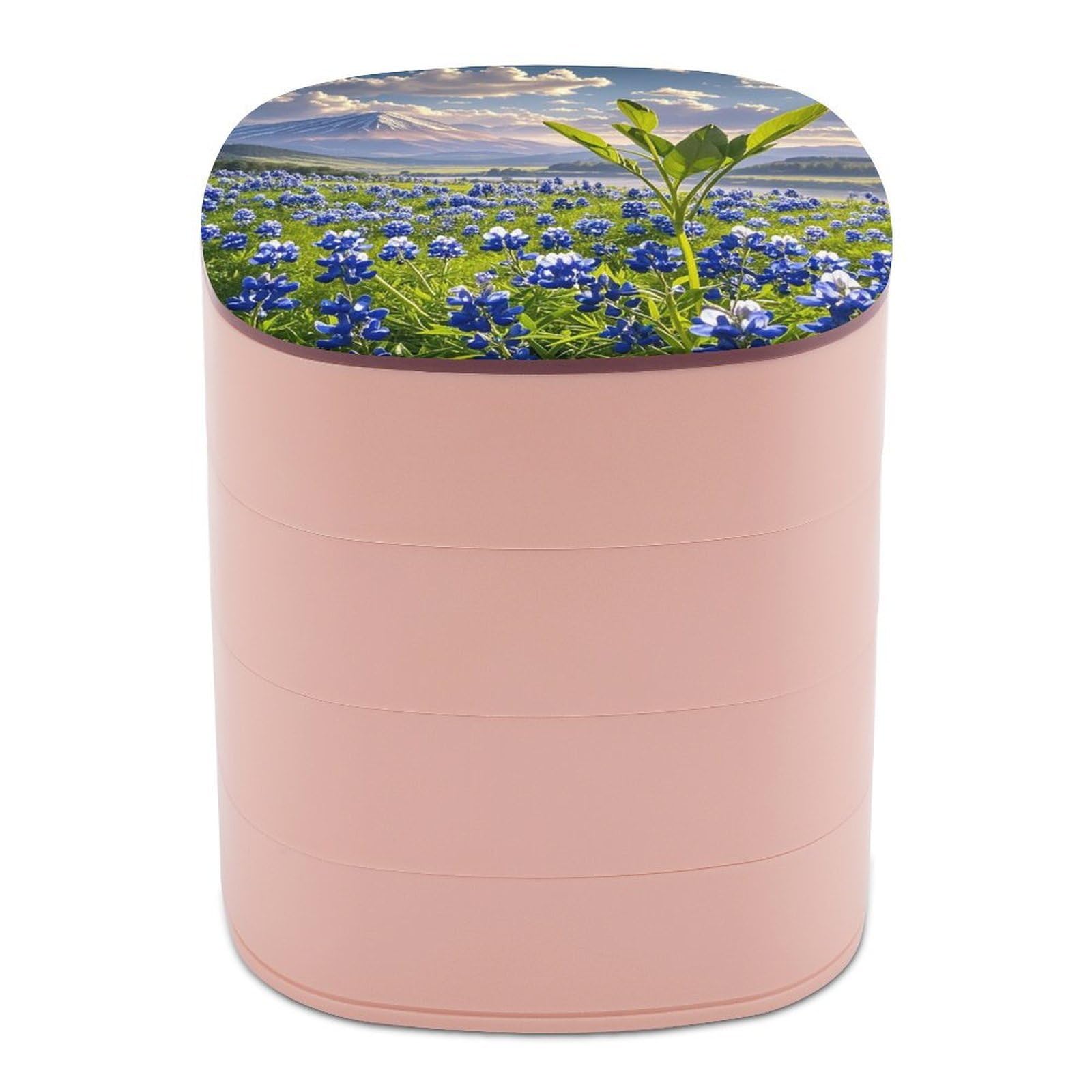 VstaDank Bluebonnets Scenery Jewelry Box 360° Rotatable Jewelry Organizer 4 Layers Jewelry Case with Lid Fashion Portable Earring Holder for Bracelets Rings Bracelets Vanity