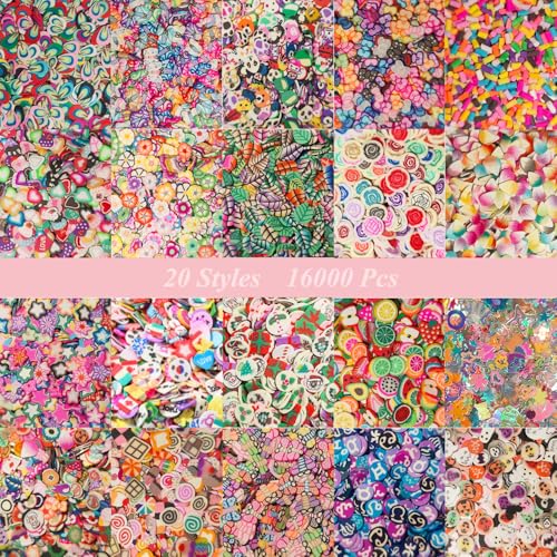 16000 peças (20 estilos) pendentes de argila, VEINARDYL fatias de arte de unhas argila polimérica fruta coração flor para artesanato de bricolage resina fabrico de lodo decoração de telemóvel