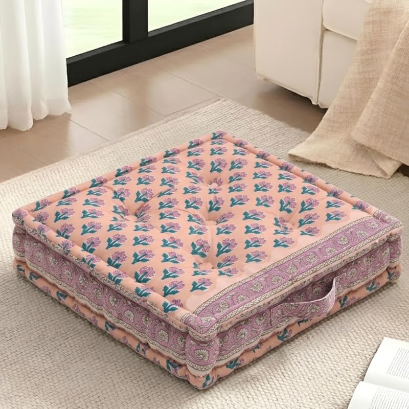Square Floor Cushion 20 x 20 Inch | Thick Quilted Cotton Chair Pad | Floral Printed Seat Cushion for Floor Seating, Dining Chair, Meditation & Home Decor (Peach Floral)-image-35