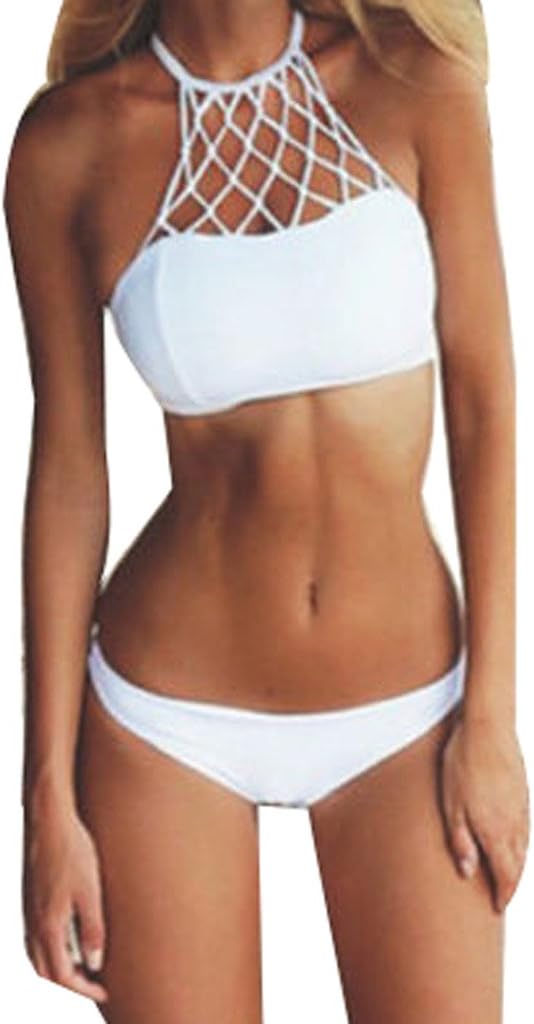 Women's Vintage Sexy 2 Piece Bandage Bandeau Swimsuit Swimwear Bikini Set White Medium